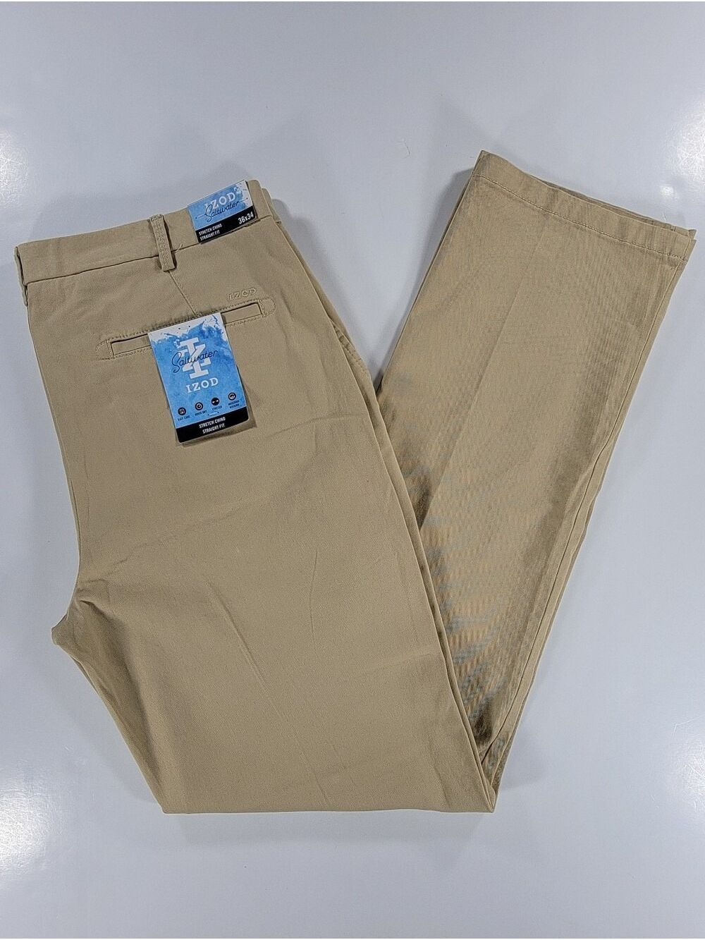 NEW IZOD Saltwater Stretch Chino Pants Men's 36x34 Khaki Straight Fit NWT Casual